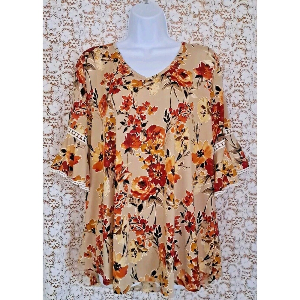 Stem & Vine Tunic Top Size 1X Brown‎ Floral Pattern 3/4 Bell Sleeves Bohemian